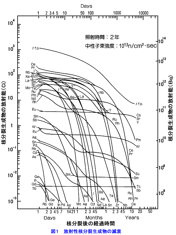 図１  放射性核分裂生成物の減衰