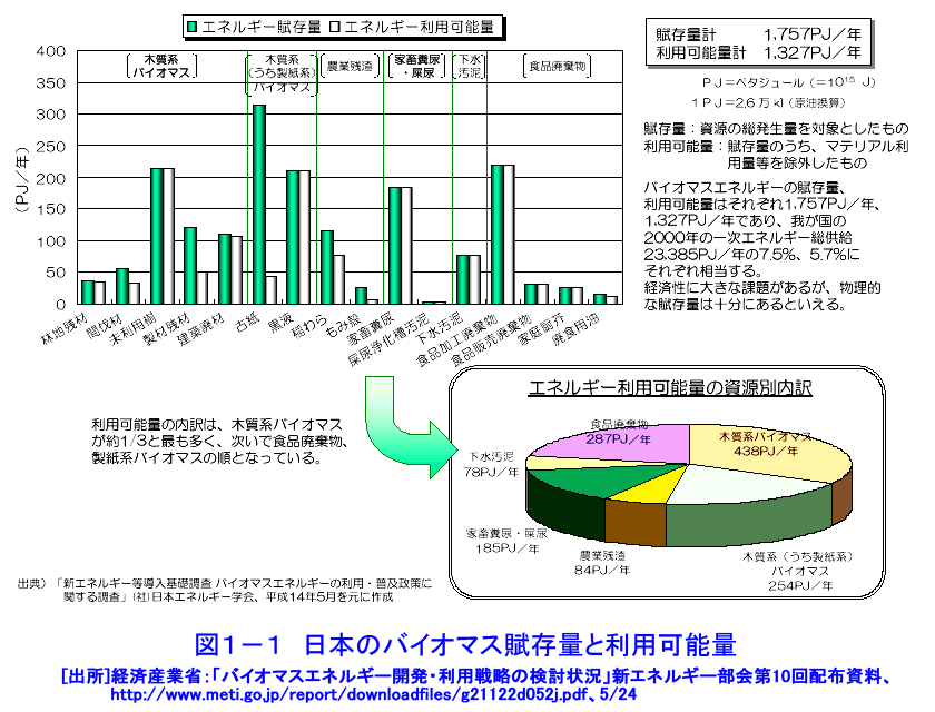 図１−１  日本のバイオマス賦存量と利用可能量