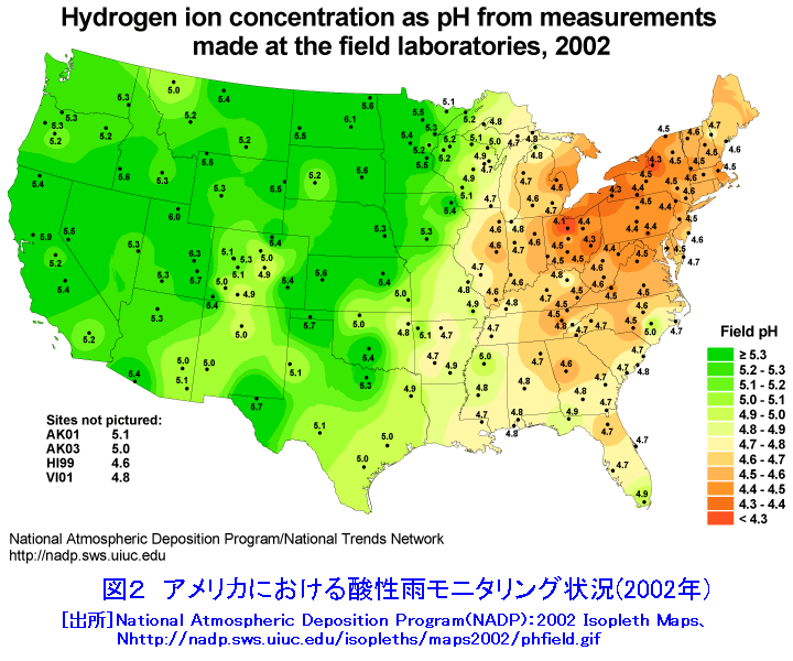 図２  アメリカにおける酸性雨モニタリング状況（2002年）