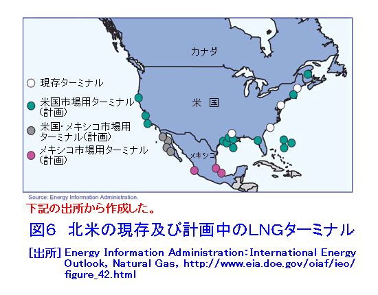 図６  北米の現存及び計画中のLNGターミナル