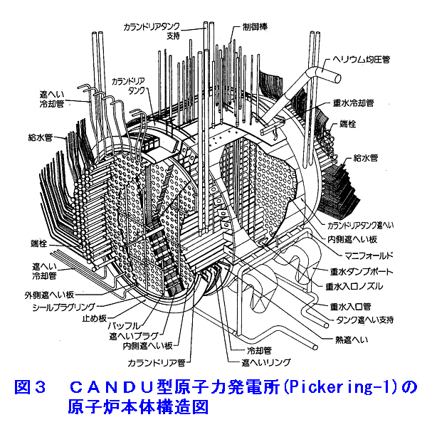 CANDU型原子力発電所（Pickering-1）の原子炉本体構造図