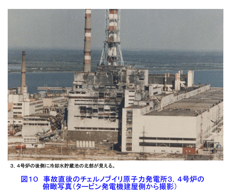 図１０  事故直後のチェルノブイリ原子力発電所3、4号炉の俯瞰写真（タービン発電機建屋側から撮影、手前に見える鉄塔は屋外開閉所の一部）