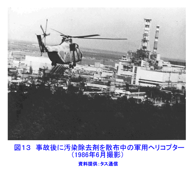 図１３  事故後に汚染除去剤を散布中の軍用ヘリコプター（1986年6月撮影）