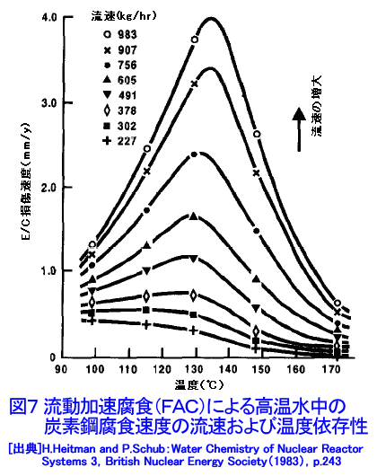 図７  流動加速腐食（FAC）による高温水中の炭素鋼腐食速度の流速および温度依存性