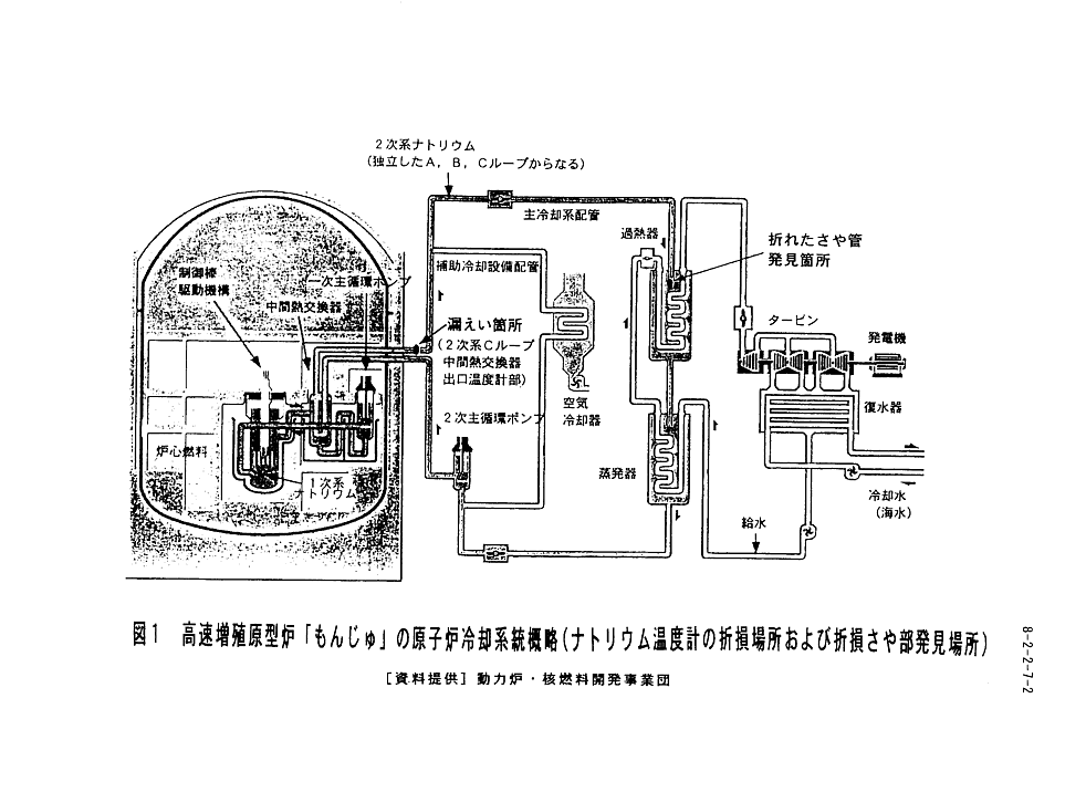 図１  高速増殖原型炉「もんじゅ」の原子炉冷却系統概略（ナトリウム温度計の折損場所および折損さや部発見場所）