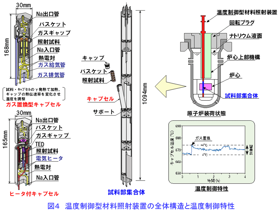図４  温度制御型材料照射装置の全体構造と温度制御特性