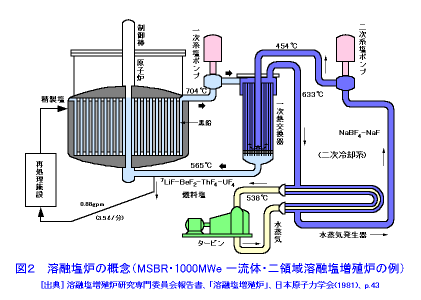 図２  溶融塩炉の概念（MSBR・1000MWe