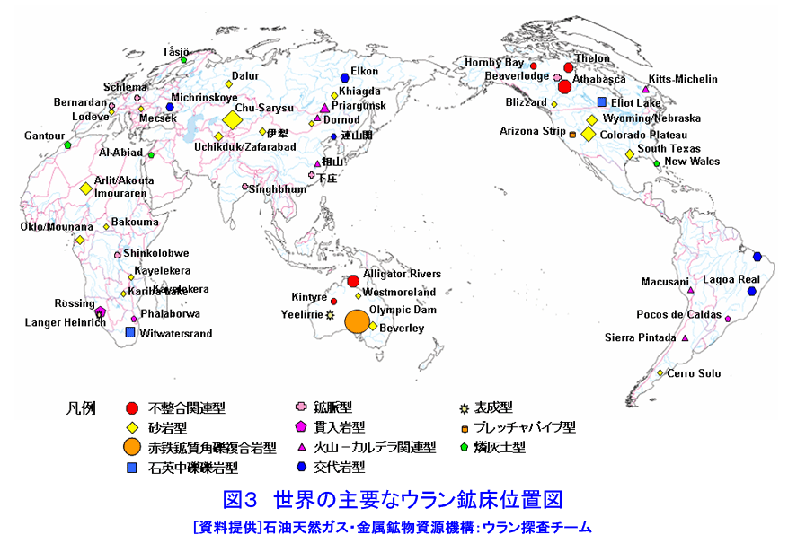 世界の主要なウラン鉱床位置図