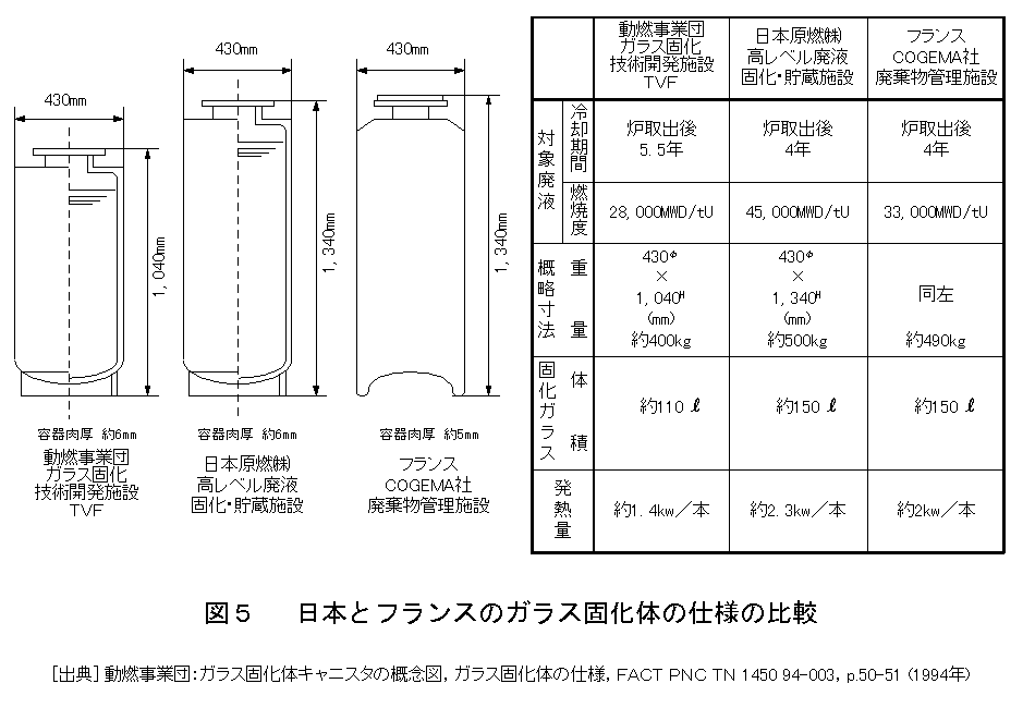 図５  日本とフランスのガラス固化体の仕様の比較