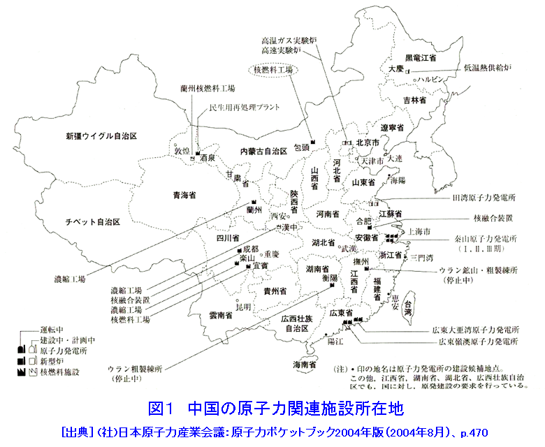 図１  中国の原子力関連施設所在地