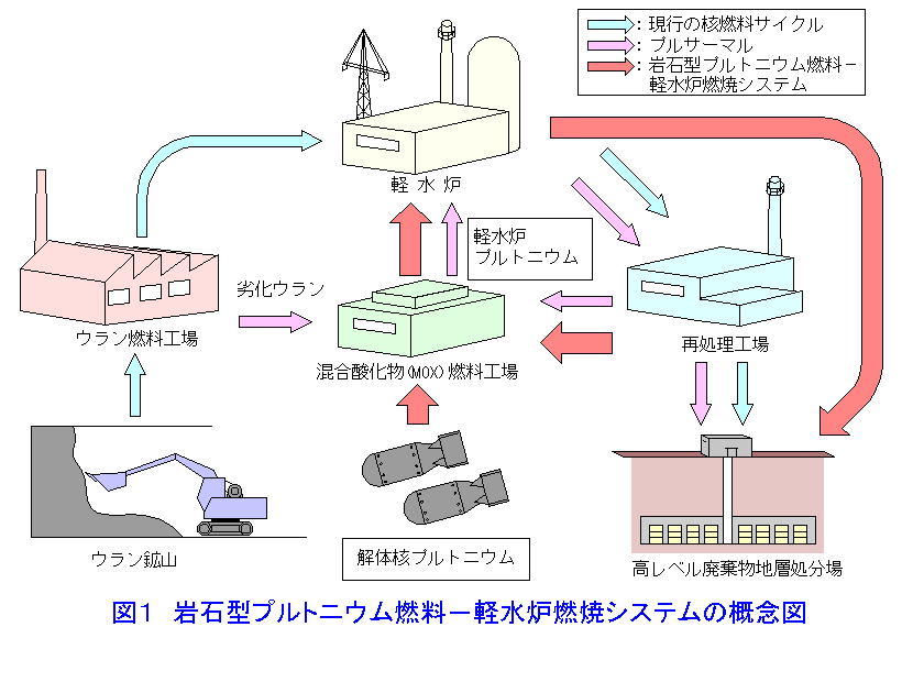 図１  岩石型プルトニウム燃料−軽水炉燃焼システムの概念図