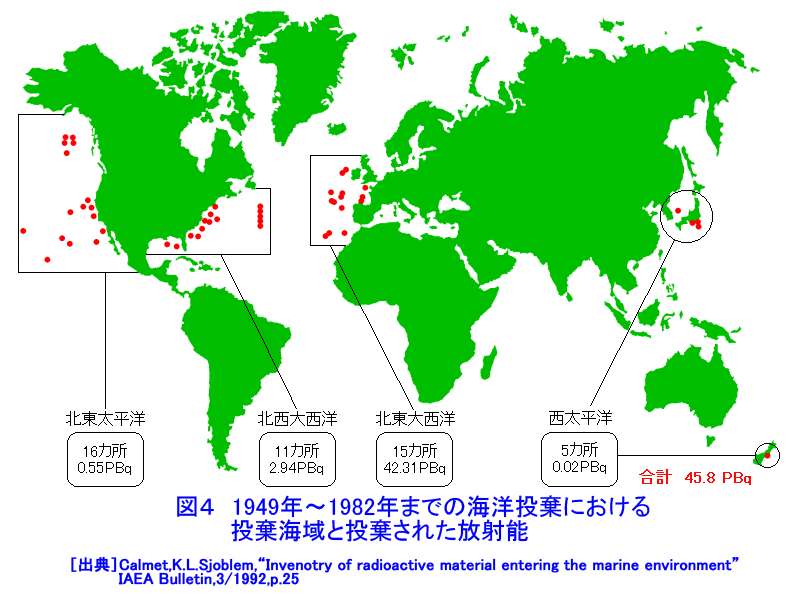 図４  1949年〜1982年までの海洋投棄における投棄海域と投棄された放射能