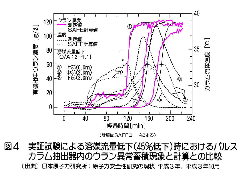 図５  実証試験による溶媒流量低下（45％低下）時におけるパルスカラム抽出器内のウラン異常蓄積現象と計算との比較