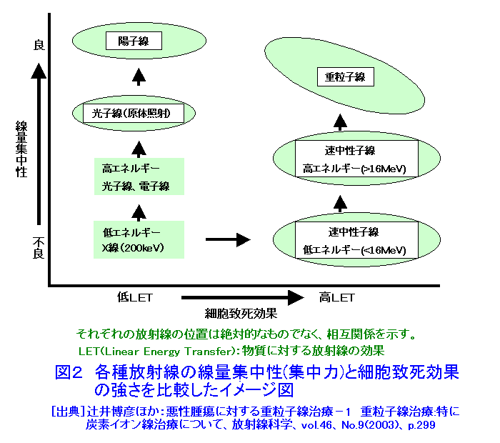 図２  各種放射線の線量集中性（集中力）と細胞致死効果の強さを比較したイメージ図