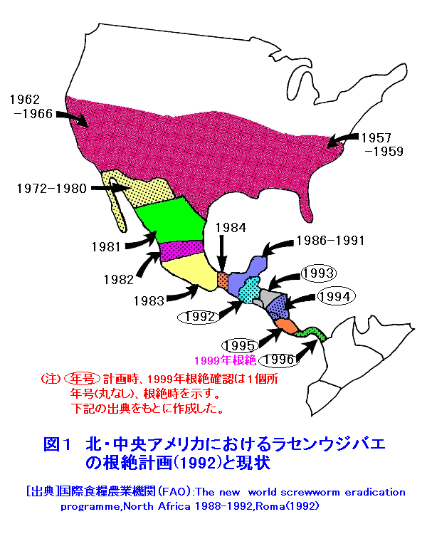 図１  北・中央アメリカにおけるラセンウジバエの根絶計画（1992）と現状