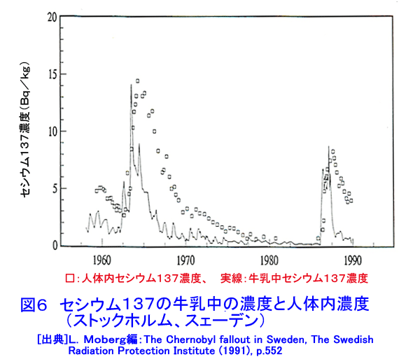 図６  セシウム137の牛乳中の濃度と人体内濃度（ストックホルム、スェーデン）