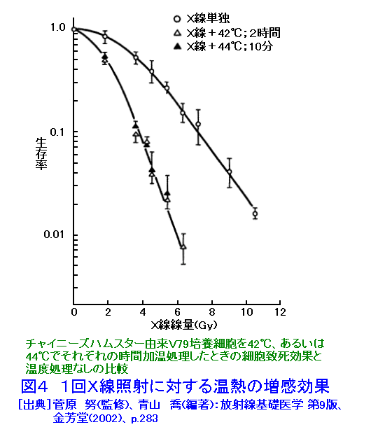 図４  １回Ｘ線照射に対する温熱の増感効果