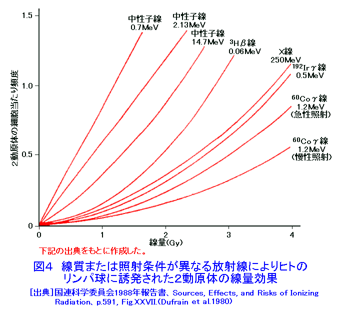 図４  線質または照射条件が異なる放射線によりヒトのリンパ球に誘発された２動原体の線量効果