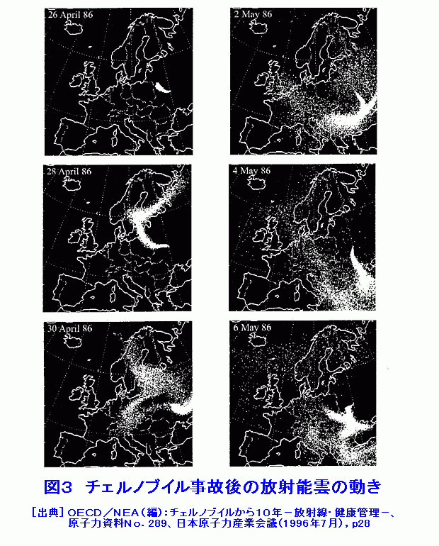 図３  チェルノブイル事故後の放射能雲の動き