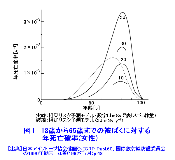 図１  18歳から65歳までの被ばくに対する年死亡確率（女性）