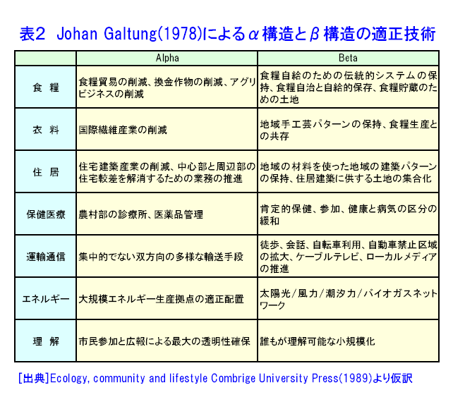 表２  Johan Galtung（1978）によるα構造とβ構造の適正技術