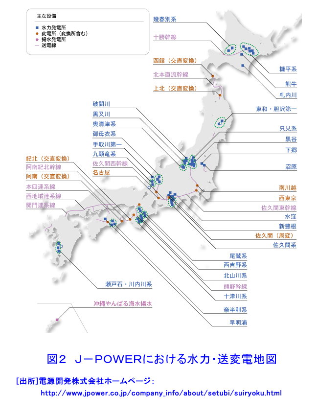 図２  J-POWERにおける水力・送変電地図