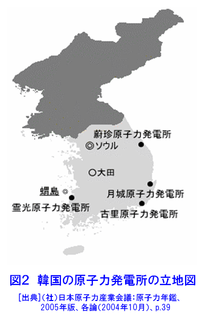 韓国の原子力発電所の立地図