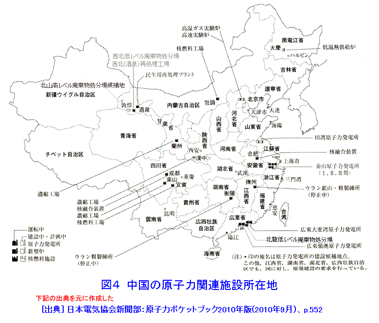 図４  中国の原子力関連施設所在地