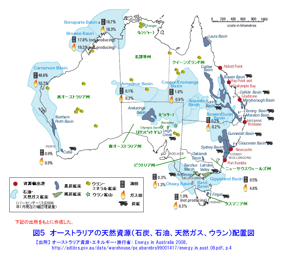 オーストラリアの天然資源（石炭、石油、天然ガス、ウラン）配置図