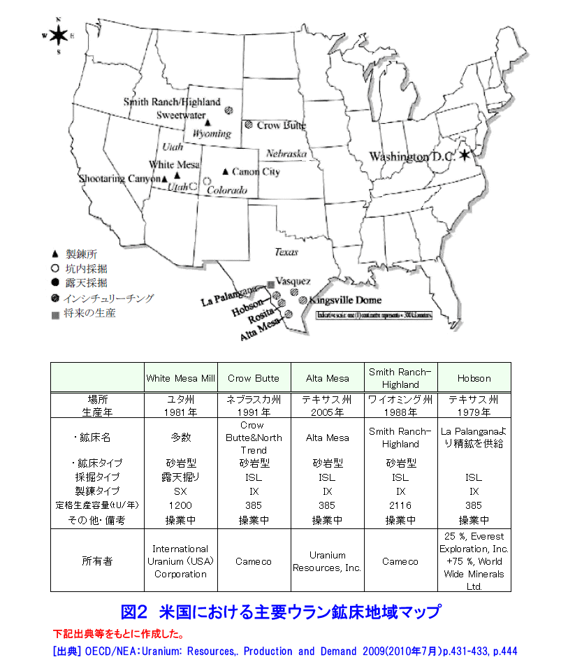 図２  米国における主要ウラン鉱床地域マップ