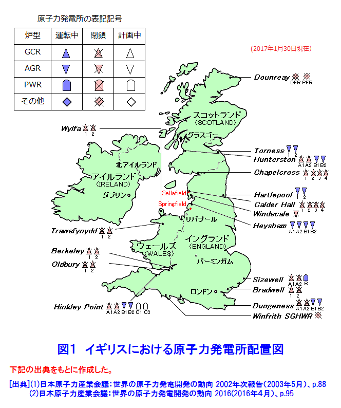 図１  イギリスにおける原子力発電所配置図