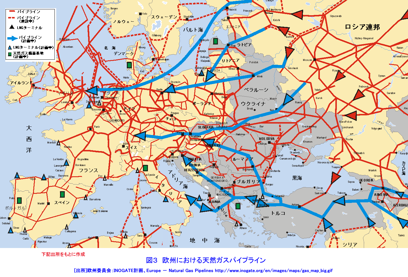図３  欧州における天然ガスパイプライン