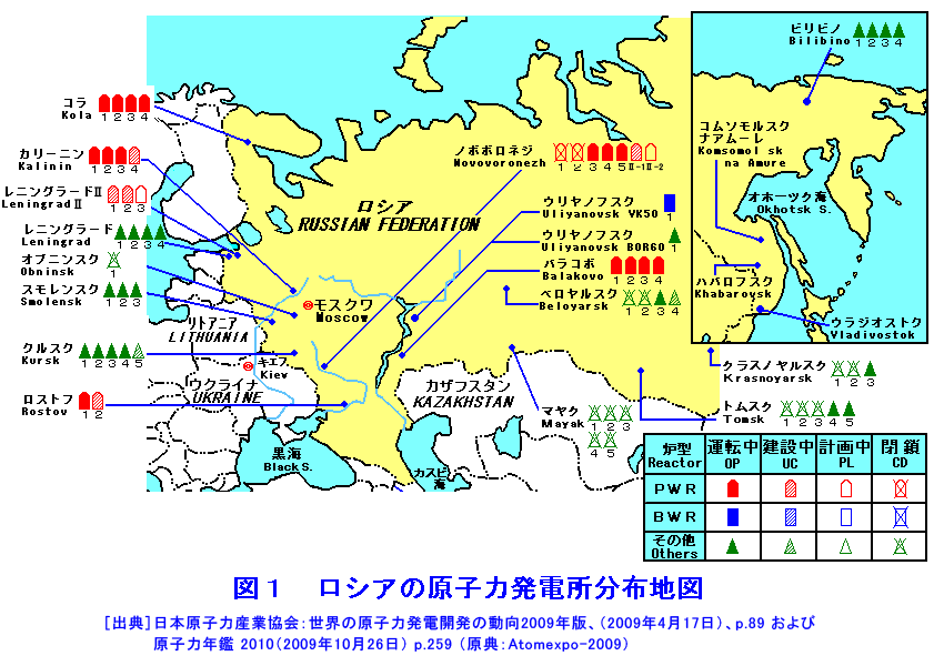 図１  ロシアの原子力発電所分布地図