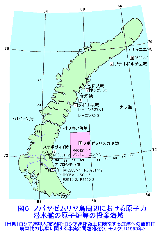 図６  ノバヤゼムリヤ島周辺における原子力潜水艦の原子炉等の投棄海域